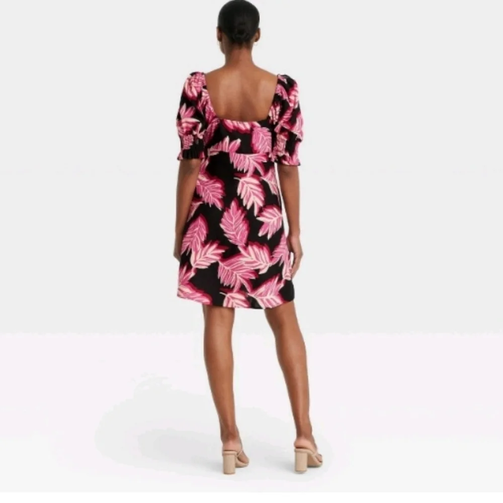 Who What Wear Pink/Black Sereghetti Palm Linen-Blend Mini-Dress Size XS